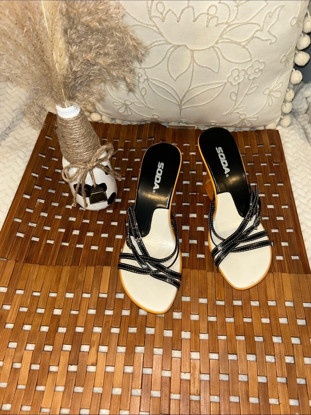 Vintage Y2k Soda Black and Cream Multi-Strap Slide Mules